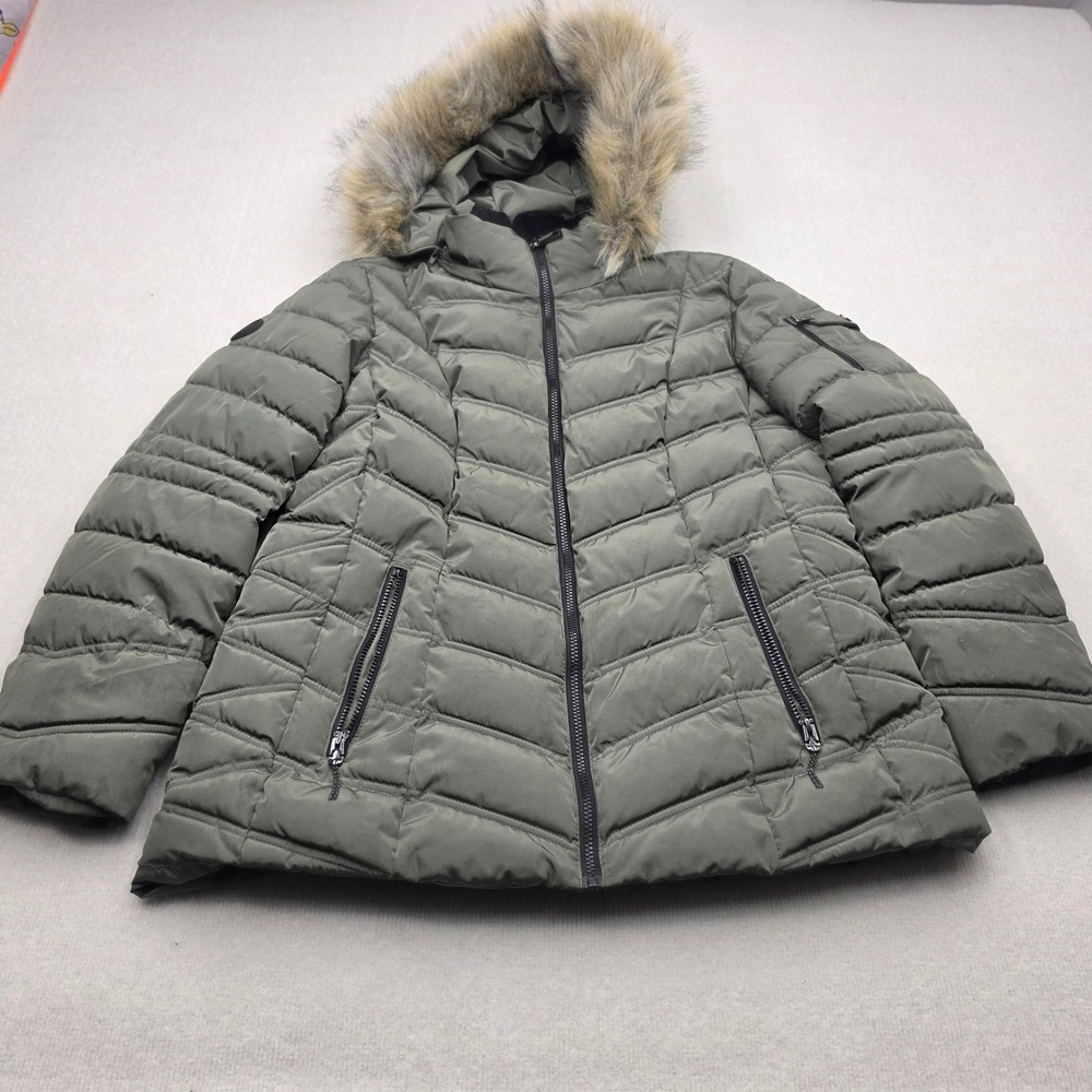 Nautica Puffer Jacket Women XL Olive Green Faux Fur Hood Quilted Parka
